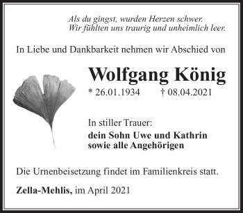 Traueranzeige von Wolfgang König von Südthüringer Presse