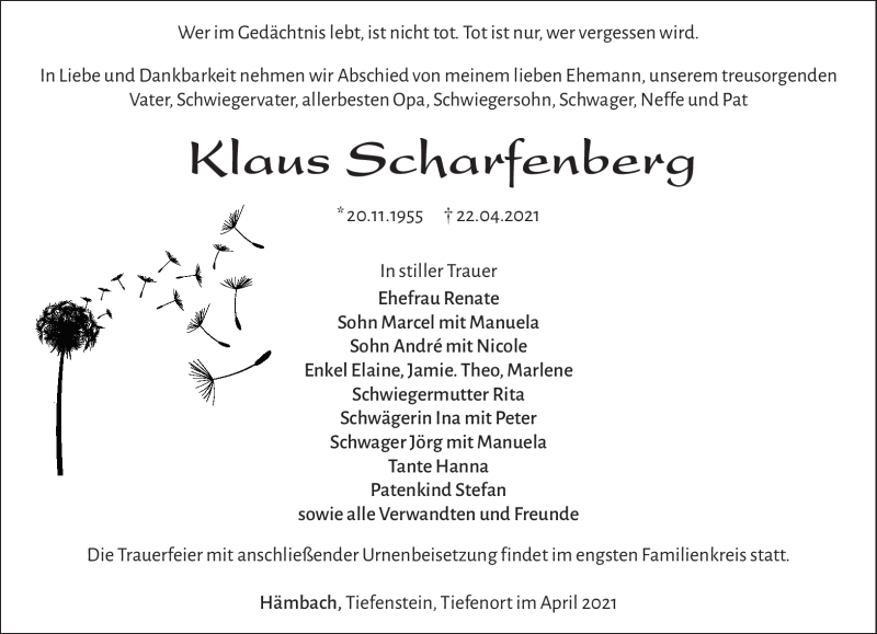  Traueranzeige für Klaus Scharfenberg vom 30.04.2021 aus Südthüringer Presse