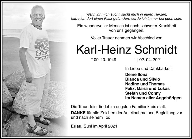  Traueranzeige für Karl-Heinz Schmidt vom 10.04.2021 aus Südthüringer Presse