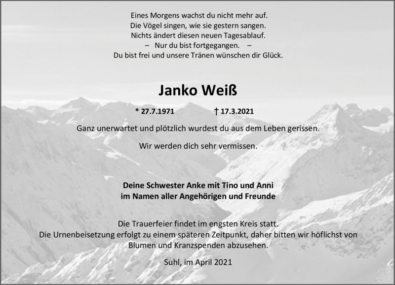  Traueranzeige für Janko Weiß vom 10.04.2021 aus Südthüringer Presse