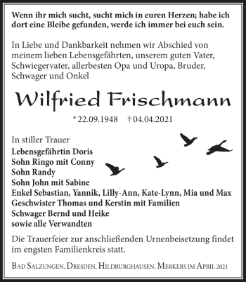 Traueranzeige von Wilfried Frischmann von Südthüringer Presse