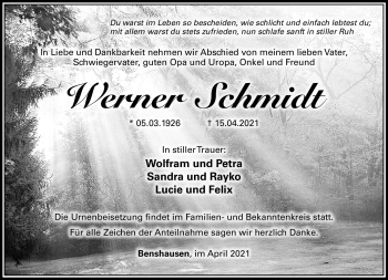 Traueranzeige von Werner Schmidt von Südthüringer Presse