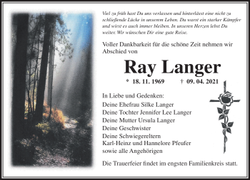 Traueranzeige von Ray Langer von Südthüringer Presse