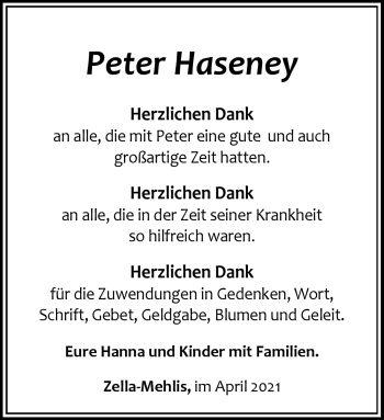 Traueranzeige von Peter Haseney von Südthüringer Presse