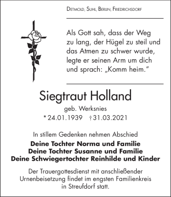 Traueranzeige von Siegtraut Holland von Südthüringer Presse