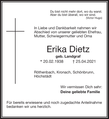 Traueranzeige von Erika Dietz von Frankenpost