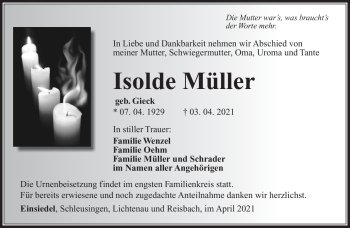 Traueranzeige von Isolde Müller von Südthüringer Presse