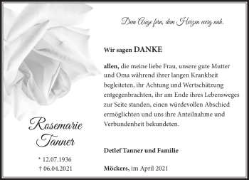 Traueranzeige von Rosemarie Tanner von Südthüringer Presse