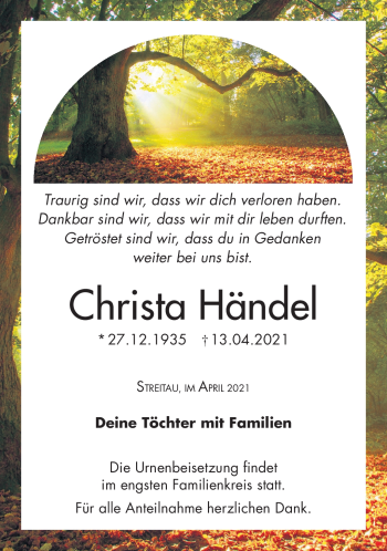 Traueranzeige von Christa Händel von Frankenpost