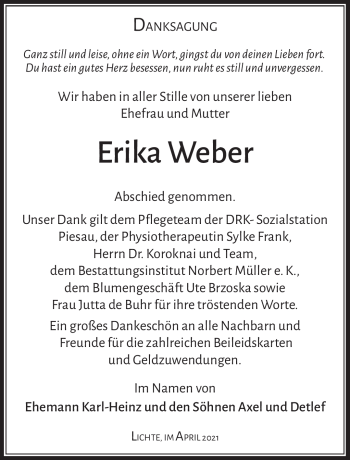 Traueranzeige von Erika Weber von Südthüringer Presse