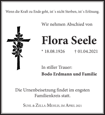 Traueranzeige von Flora Seele von Südthüringer Presse