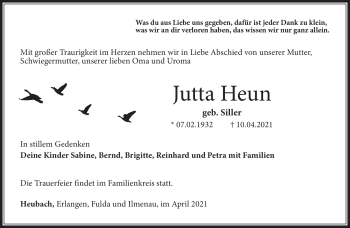 Traueranzeige von Jutta Heun von Südthüringer Presse