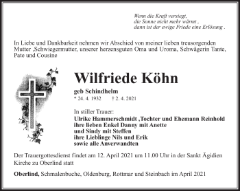 Traueranzeige von Wilfriede Köhn von Südthüringer Presse