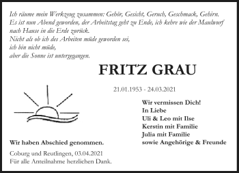 Traueranzeige von Fritz Grau von Neue Presse Coburg