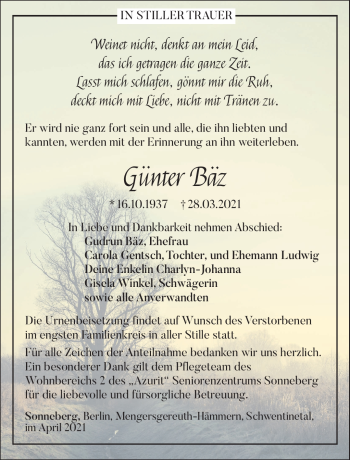 Traueranzeige von Günter Bäz von Südthüringer Presse