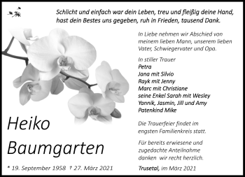 Traueranzeige von Heiko Baumgarten von Südthüringer Presse