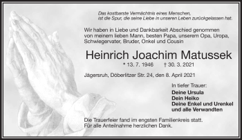 Traueranzeige von Heinrich Joachim Matussek von Frankenpost