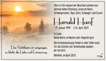 Traueranzeige von Harald Hanf von Südthüringer Presse