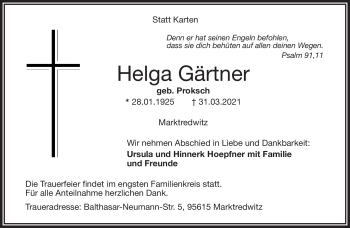 Traueranzeige von Helga Gärtner von Frankenpost