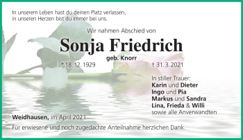 Traueranzeige von Sonja Friedrich von Neue Presse Coburg