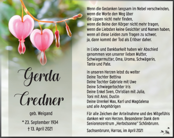 Traueranzeige von Gerda Credner von Südthüringer Presse