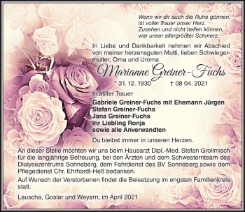 Traueranzeige von Marianne Greiner-Fuchs von Südthüringer Presse