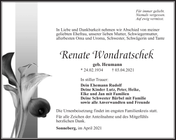 Traueranzeige von Renate Wondratschek von Südthüringer Presse