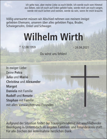 Traueranzeige von Wilhelm Wirth von Neue Presse Coburg