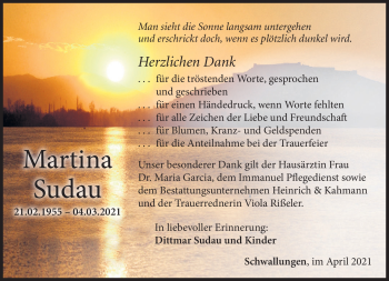 Traueranzeige von Martina Sudau von Südthüringer Presse
