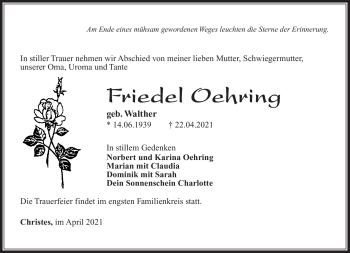 Traueranzeige von Friedel Oehring von Südthüringer Presse