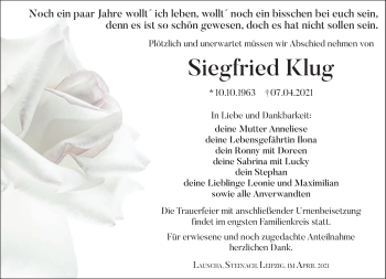 Traueranzeige von Siegfried Klug von Südthüringer Presse