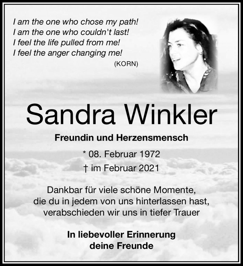  Traueranzeige für Sandra Winkler vom 17.04.2021 aus Südthüringer Presse