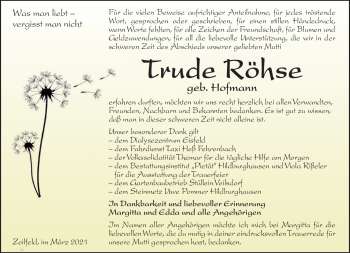 Traueranzeige von Trude Röhse von Südthüringer Presse