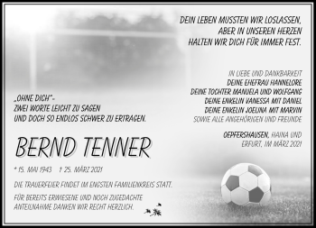Traueranzeige von Bernd Tenner von Südthüringer Presse