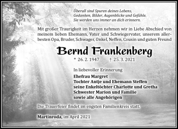 Traueranzeige von Bernd Frankenberg von Südthüringer Presse