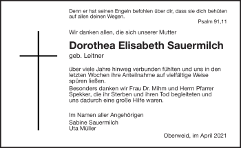Traueranzeige von Dorothea Elisabeth Sauermilch von Südthüringer Presse