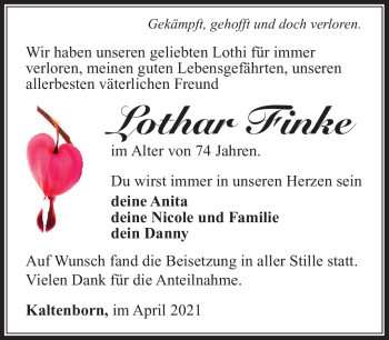 Traueranzeige von Lothar Finke von Südthüringer Presse