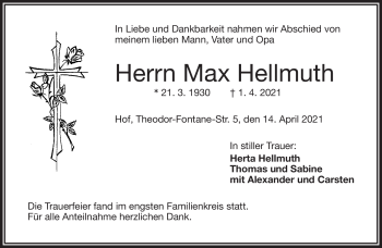 Traueranzeige von Max Hellmuth von Frankenpost