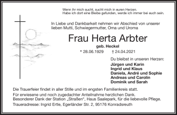 Traueranzeige von Herta Arbter von Frankenpost