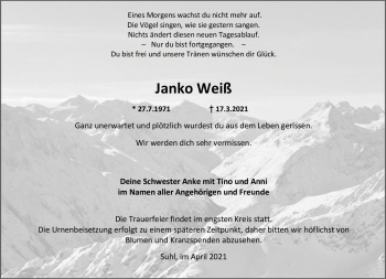 Traueranzeige von Janko Weiß von Südthüringer Presse