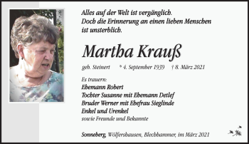 Traueranzeige von Martha Krauß von Südthüringer Presse