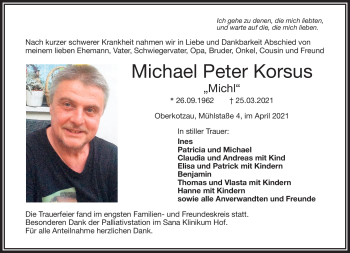 Traueranzeige von Michael Peter Korsus von Frankenpost