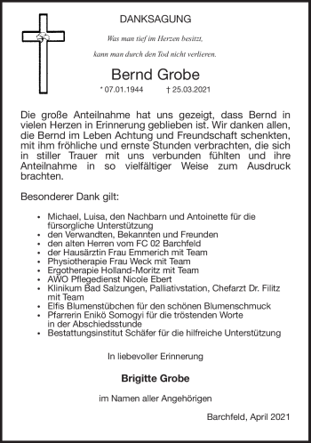 Traueranzeige von Bernd Grobe von Südthüringer Presse