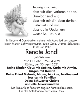 Traueranzeige von Renate Jandl von Frankenpost