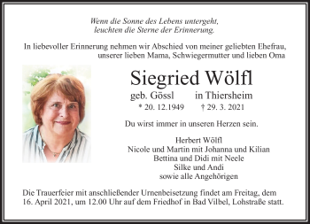 Traueranzeige von Siegrid Wölfl von Frankenpost