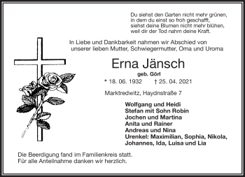Traueranzeige von Erna Jänsch von Frankenpost