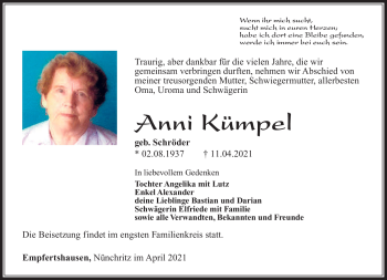 Traueranzeige von Anni Kümpel von Südthüringer Presse