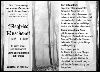 Traueranzeige von Siegfried Ruschenat von Südthüringer Presse
