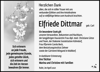 Traueranzeige von Elfriede Dittmar von Südthüringer Presse