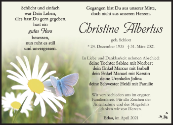 Traueranzeige von Christine Albertus von Südthüringer Presse